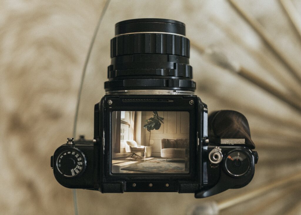 Living room interior through the lens of an analog camera